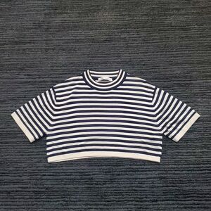 Zara Size S White/Navy Cropped Striped Knit Short Sleeve Top